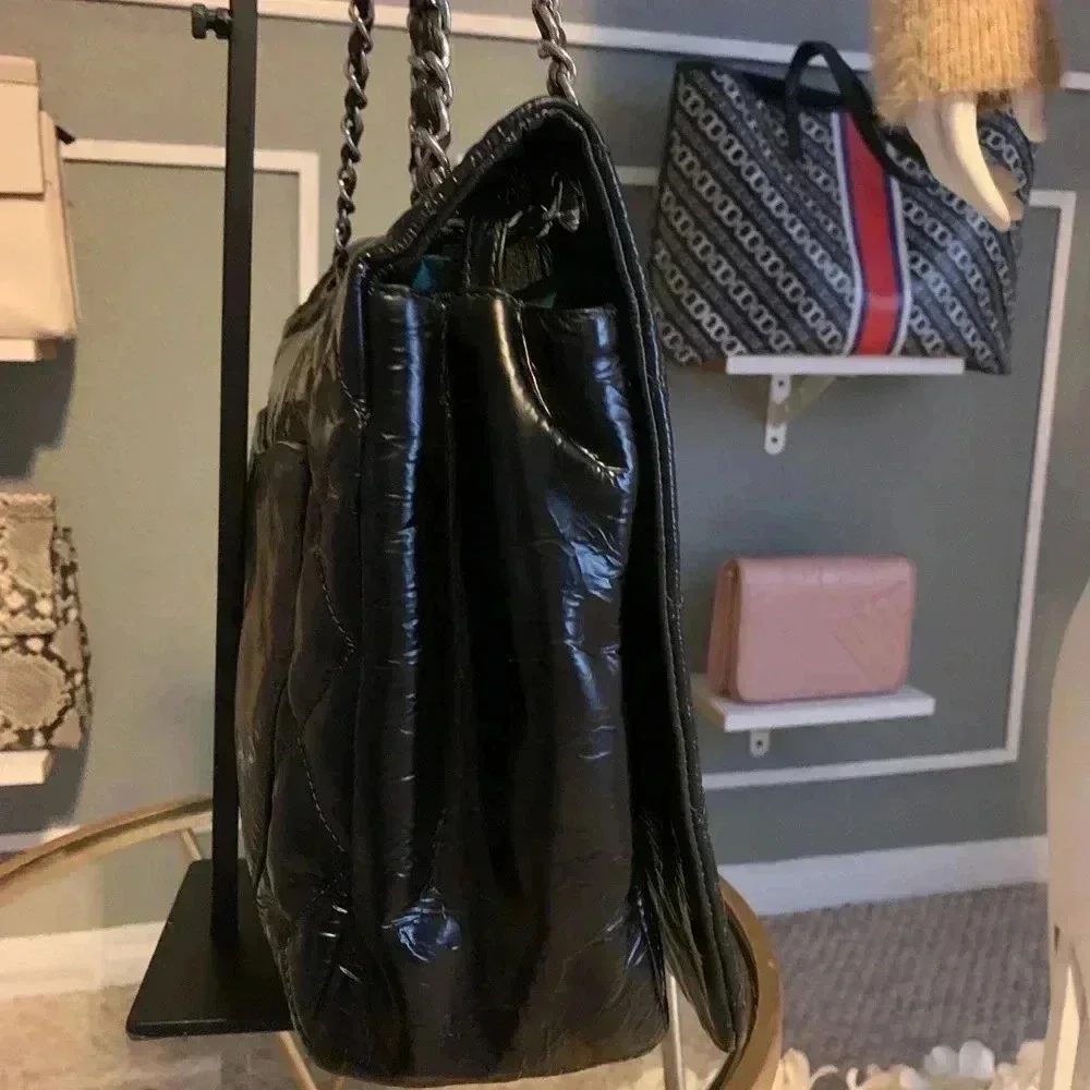 CHANEL X LARGE FLAP PATENT LEATHER QUILTED CC SHOULDER BLACK BAG {RARE FIND}